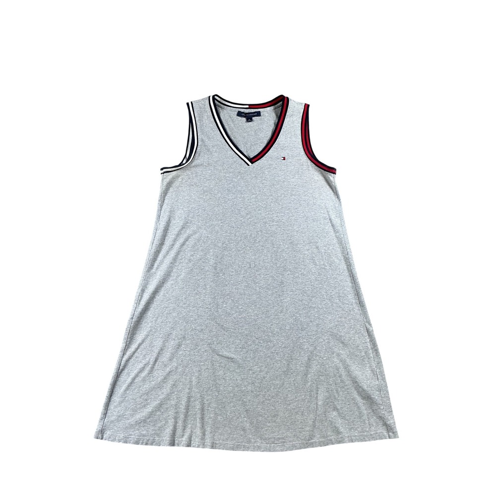 Tommy Hilfiger Womens Medium Gray V-Neck Sleeveless Ribbed Trim A-Line Dress
